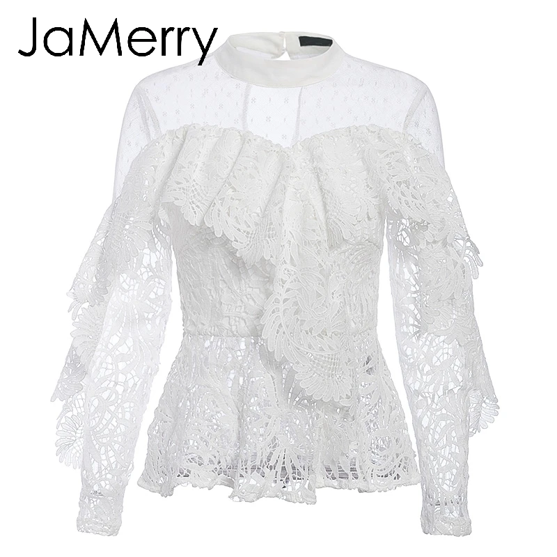 JaMerry Vintage ruffled white lace mesh embroidery blouse shirt Elegant hollow out long sleeve female tops Sexy party tops