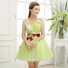 Freies Verschiffen, V-Ausschnitt Kragen sleeveless Blume grün Spitze über Knie Mini Ballkleid kurze Cocktailkleider