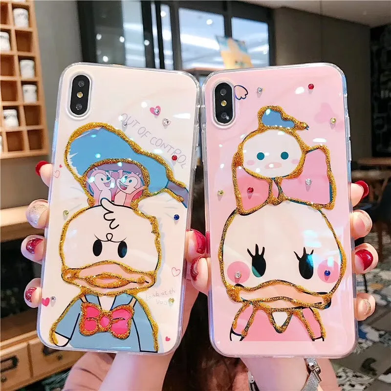 

Cartoon Cute Donald Duck Daisy 3D Shiny Diamond Blu-ray Silicone soft cover for iphone MAX XS XR 6 7 8plus X phone cases