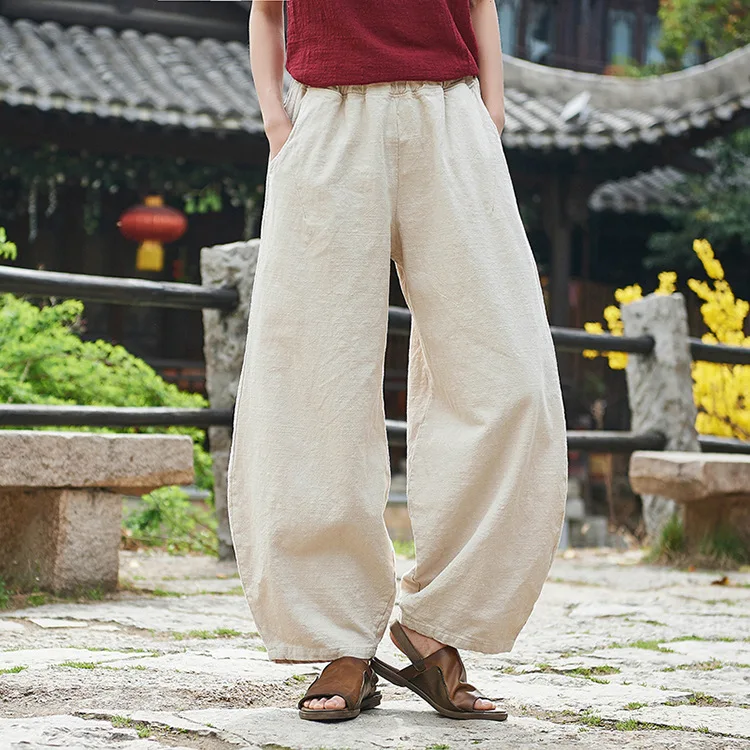 LZJN 2019 New Women Solid Color Pockets Loose Pants Vintage Elastic Waist Cotton Linen Wide Leg Full Length Pants (20)