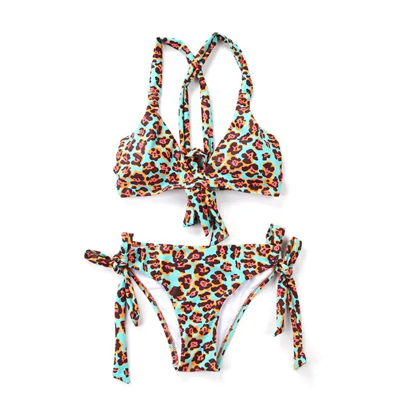 

Womens Summer Colored Leopard Printed Two Piece Bikini Set Sexy Deep V-Neck Triangle Bra Low Waist Side Tie Thong Swimsuit Cross
