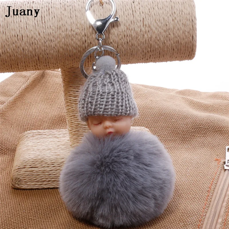 pompom key chain sleeping baby doll key chain pompom rabbit fur ball keychain car keyring women bag car pendant charm 8