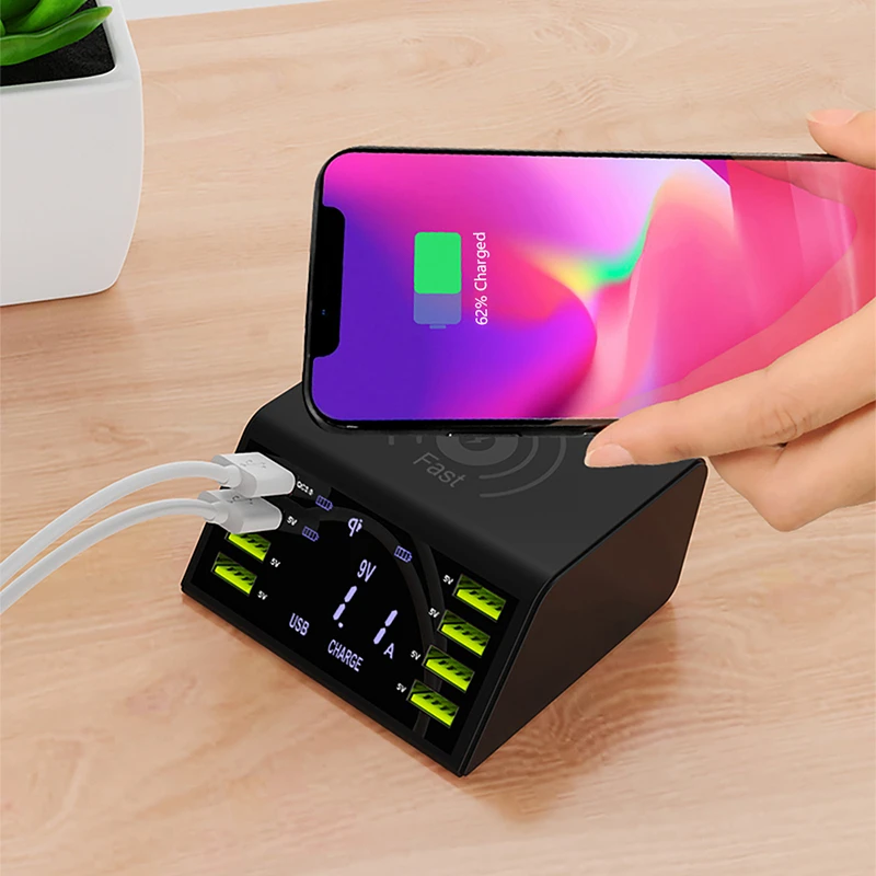 Быстрая USB Зарядное устройство 60W 8-Порты и разъёмы светодиодный Дисплей Quick Charge 3,0 Быстрая зарядка Зарядное устройство Настольный беспроводной зарядный блок для iPhone Xiaomi Mi 9
