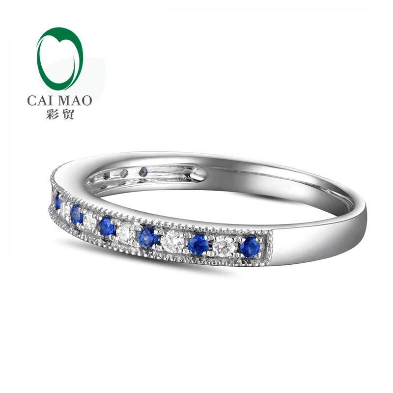 Caimao Jewelry 14K White Gold 0.13ct Sapphire & 0.09ct Diamonds Engagement Wedding Band Free shipping