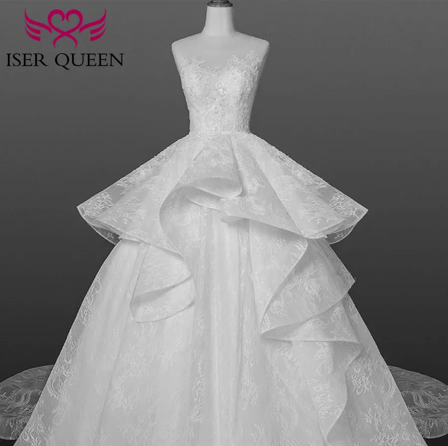 Boat Neck Delicate Illusion Embroidery Lace up Big Train Tiered Tulle Wedding Dresses Pure White A-line Ruffle Vestido WX0159