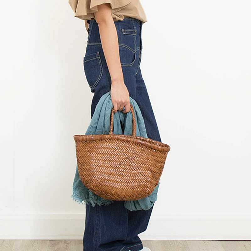 

2019 Women's Brand Tote Bag Genuine Leather Handmade Woven Handbag Ladies England Stlye Shopping Top-handle Shoulder Bag Bolsa
