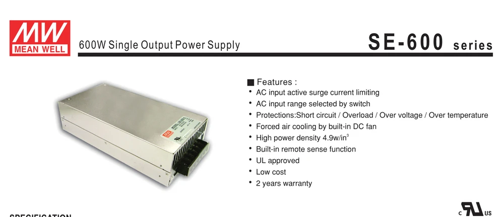 SE-600-12; 12 В/600 Вт режим переключения meanwell Светодиодный источник питания; AC100-240V вход; 12 В/600 Вт Выход