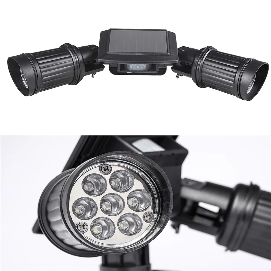 Cabeça de Alta Bateria da Lâmpada Fácil de Instalar Ip65 à Prova Luz da Noite Dupla Luminosa Leds Sensor Solar Build-in d' Água Holofotes 2*7 Pir 18 High Quality led solar pir
