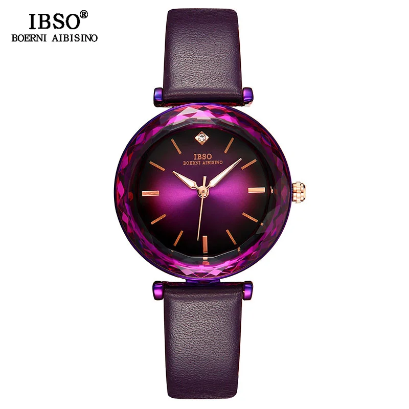 IBSO брендовые роскошные женские часы с кристаллами, Модные Дизайнерские наручные часы со стеклом для женщин, кожаные кварцевые часы Montre Femme - Цвет: 8699-PE-LR