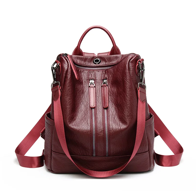 Double Zipper Red Женский рюкзак mochila feminina, повседневный многофункциональный женский кожаный рюкзак, женская сумка через плечо, сумка для путешествий - Цвет: Double Zipper Red