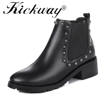 

Kickway women boots round toe genuine leather ladies boots autumn cow leather ankle boots sexy rivets winter warm shoes size 44