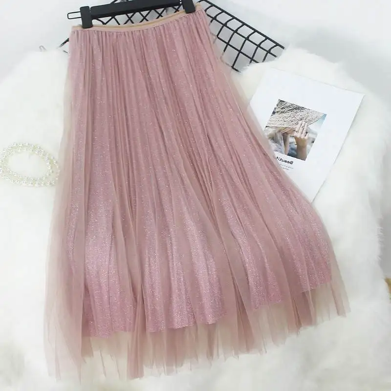 Pink MZY925 ONLYWONG блестящая Тюлевая юбка, женская черная серая юбка-пачка для взрослых, эластичная высокая талия, плиссированная Длинная элегантная юбка миди - Цвет: Pink MZY925