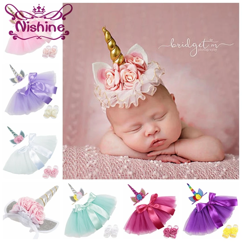 

Nishine 0~2 Years Newborn Unicorn Horn Headbands Silk Bow Tutu Dress With Sandals Sets Kids Photo Shoot Children Birthday Gift