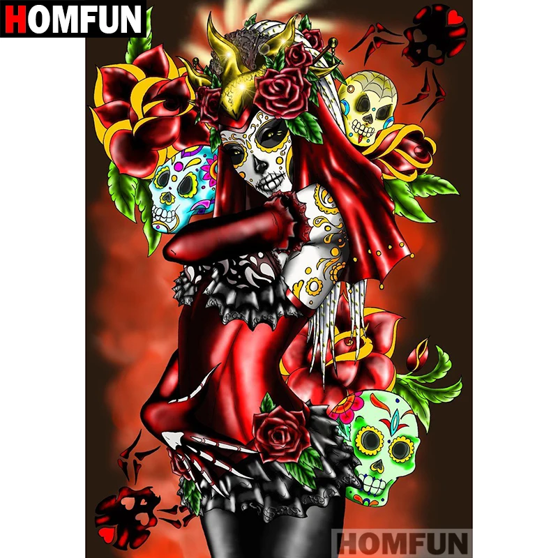 Алмазная живопись HOMFUN A07032 полноразмерная/круглая вышивка череп женщина 5D