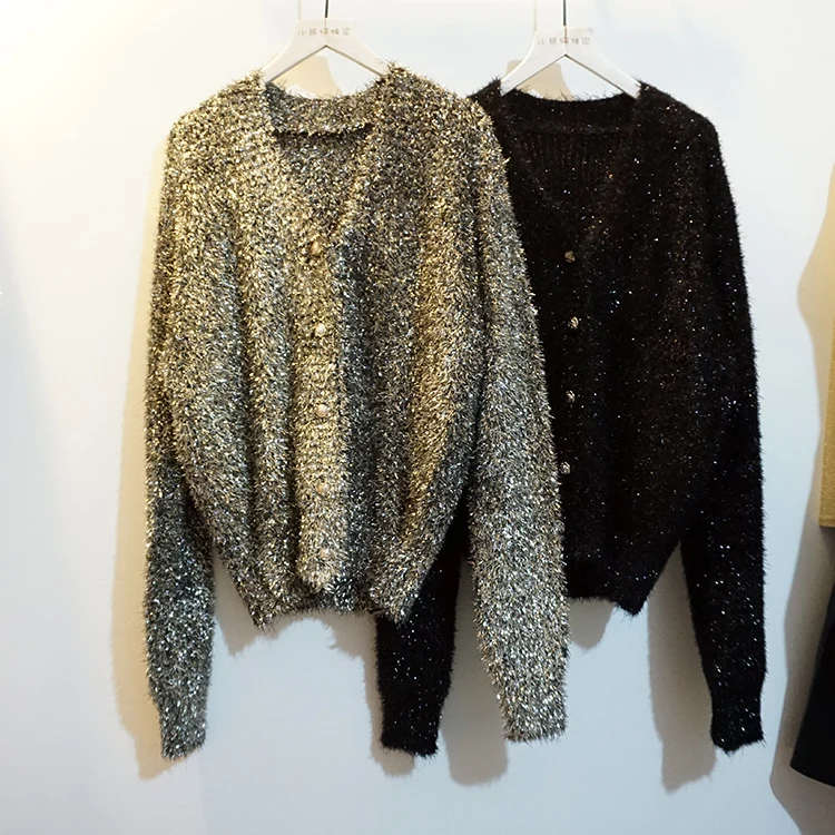 Cakucool Women Spring Gold Lurex Sweater Bling
