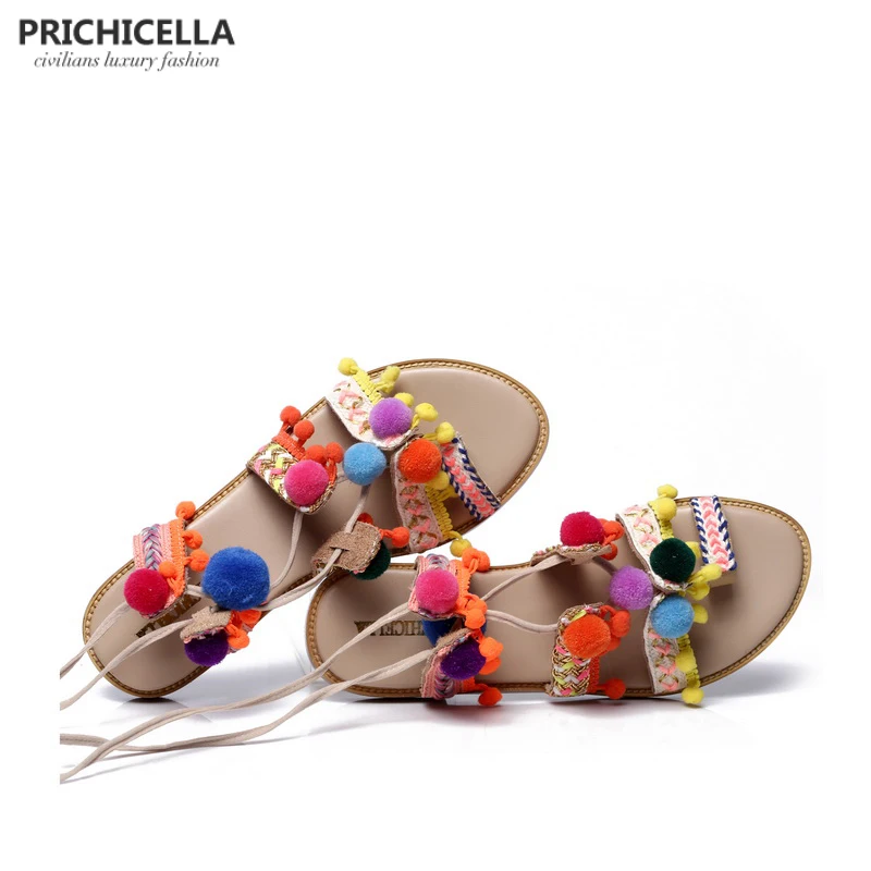 Женские сандалии гладиаторы с помпонами PRICHICELLA из натуральной кожи на плоской