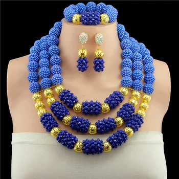 

Fantastic Nigerian Wedding African Beads Blue Jewelry Set Gold-color Dubai Women Bridal Statement Crystal Beads Necklace Free