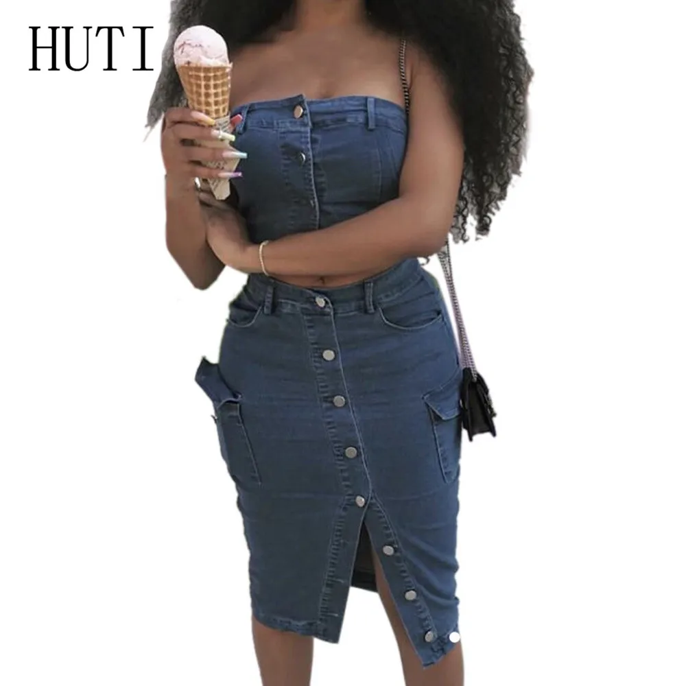 

HUTI The New Women Summer Casual Two Pieces Sets Denim Dress Button Elegant Cowboy Fashion Women Feminino Slim Bodycon Dress