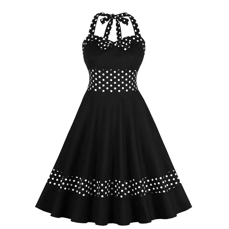 

Retro Summer Dress Women Halter Swing Party Dress Polka Dot Vintage Dresses Pleated Mid Waist Vestidos Rockabilly Evening Party