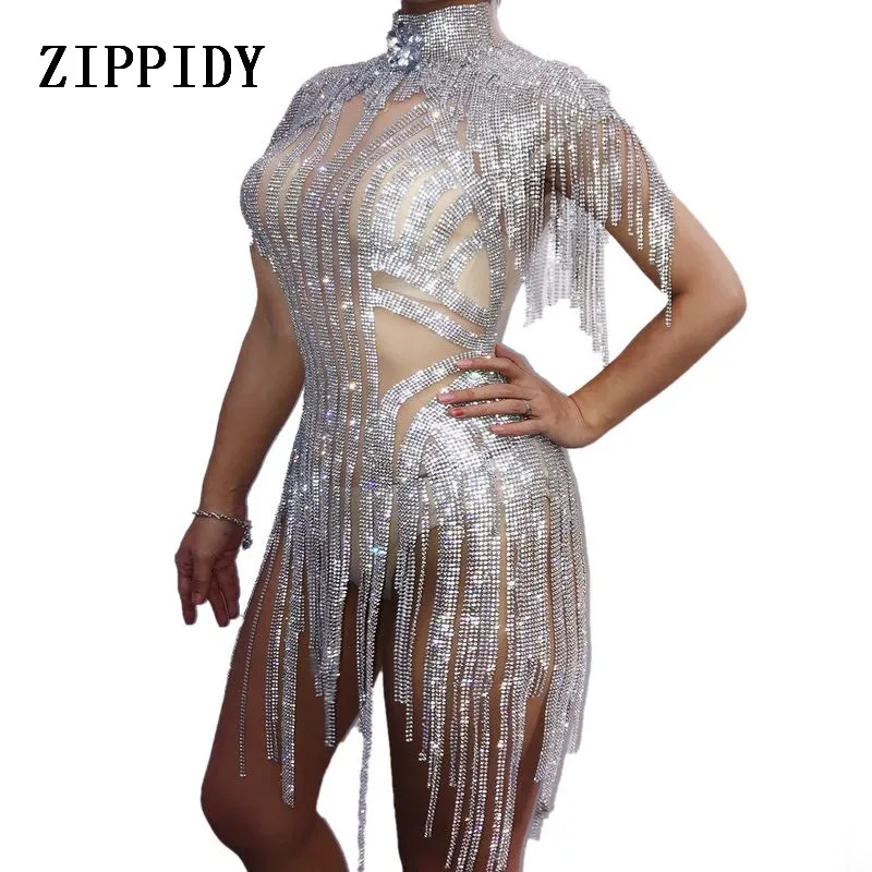 body suits for women Fashion Silver Rhinestones Fringes Bodysuit  Celebrate Costume Female Singer Bling Tassel Leotard Stage Dance Wear backless bodysuit