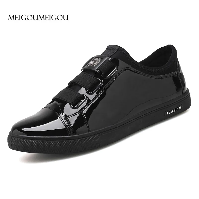 

MEIGOUMEIGOU New Design Men Leather Shoes Slip on Casual Sneakers Men Driving Shoes Patent Leather Loafers Men Flat Sneakers