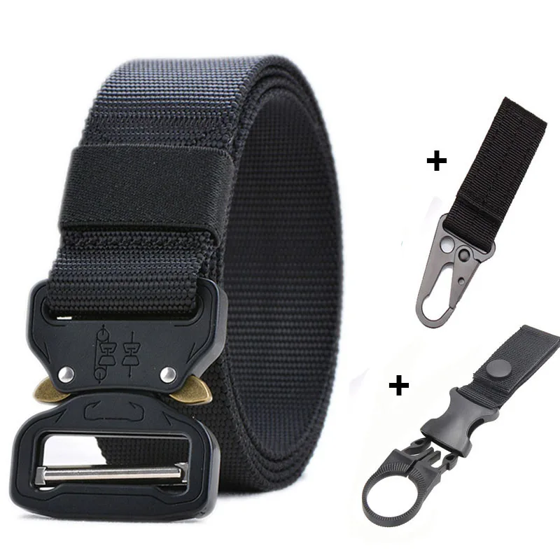 belt and 2 hook 125, 135, 145 см, тактический ремень, Военный нейлоновый ремень, мужской ремень в армейском стиле для джинсов, металлическая пряжка, Cinturon, автоматический поясной ремень для улицы - Цвет: belt and 2 hook