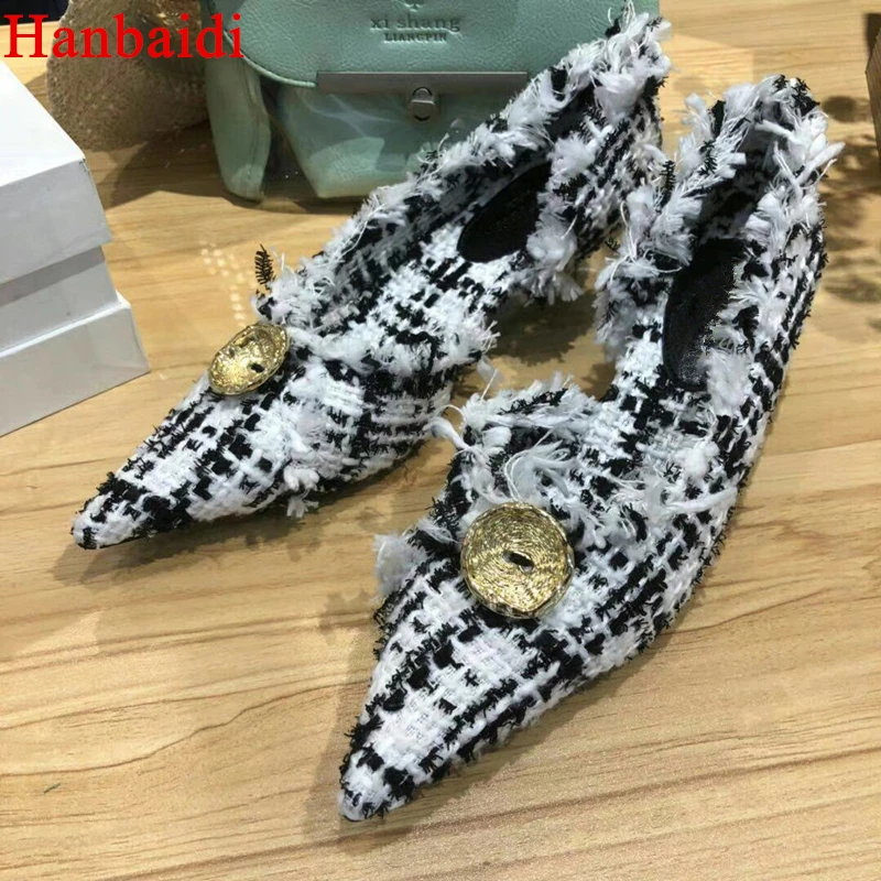

Hanbaidi Women Spring/Summer Pumps Fashion Hemp Buttons Decor Pointed Toe Slip On High Heels Pumps Runway Party Wedding Shoes 39