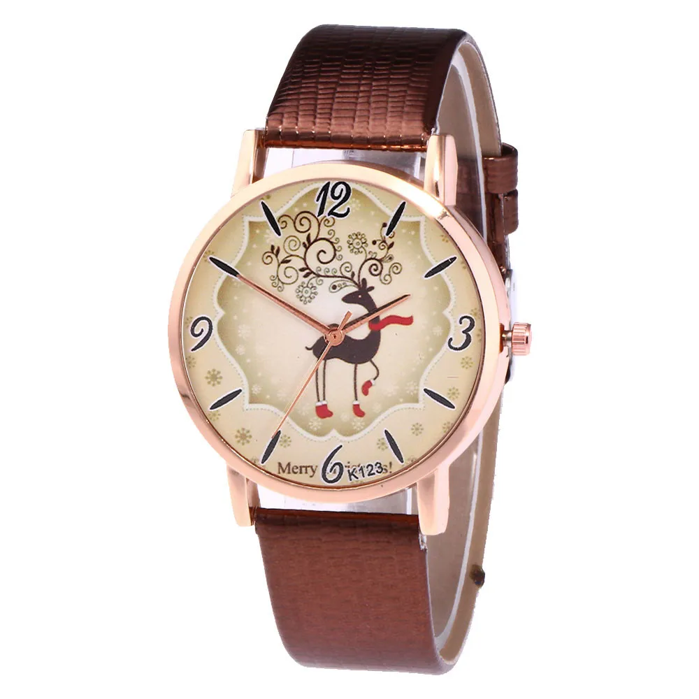 Дешевые женские часы с рождественским узором для пожилых людей с кожаным ремешком, аналоговые кварцевые наручные часы Vogue reloj mujer, подарочные часы Relogio& Ff - Цвет: Brown