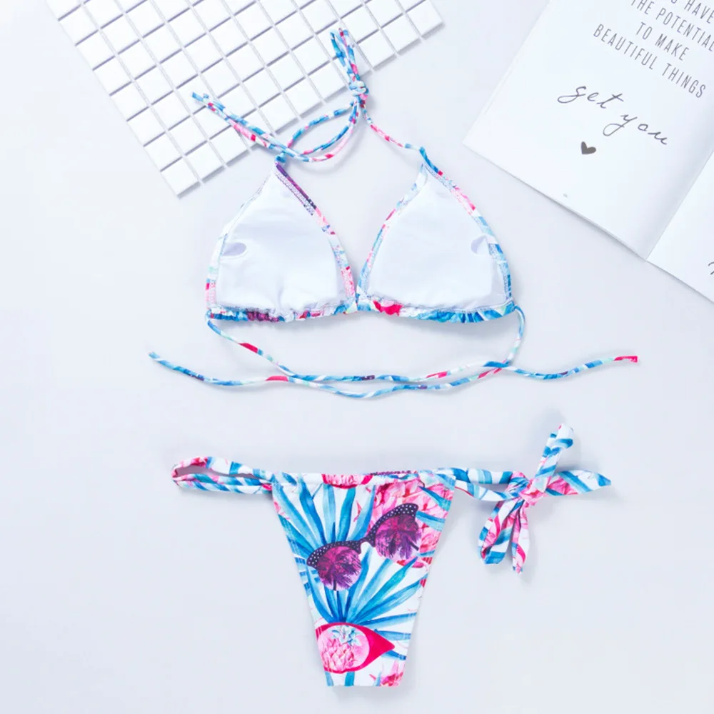 Sexy Colorfu Rainbow Striped Flora Bikini Set String Triangle Women's Swimwear Self Tie Side Tange Biniki 4 Color Size XL 9