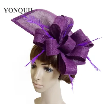 

Purple Party headwear bridal wedding hair fascinator hat with feather accessories Imitation Sinamay hat church race hats SYF66