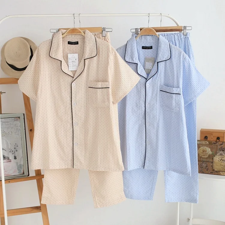 Sell High Quality Cotton Linen Men's Pajama Set Buttons Downs Front
