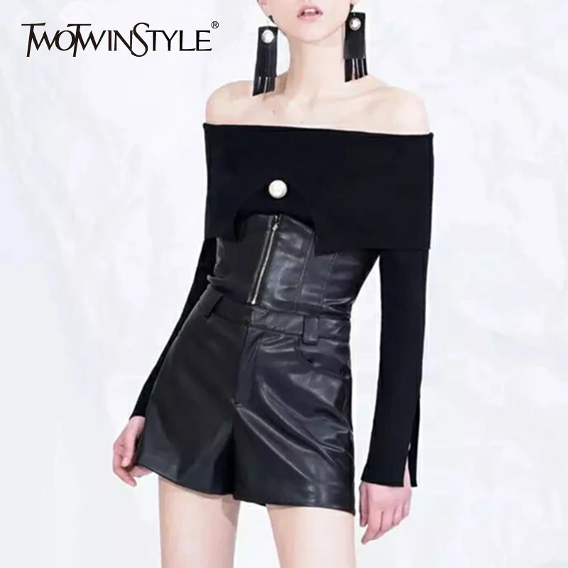 TWOTWINSTYLE Pu Leather Shorts Female High Waist Slim Zipper Large Size Wide Leg Trouser 2020 Spring Fashion Sexy Clothing | Женская