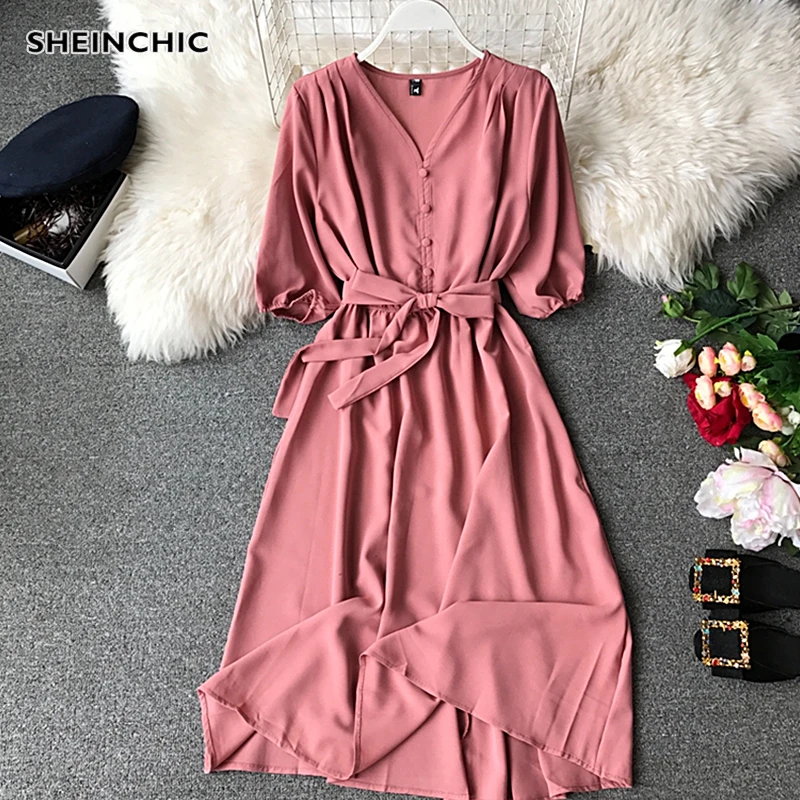 

2019 Summer New Vintage V Neck Women Dress Elegant Single Breasted Vacation Casual Dress Korean Ladies Office Chiffon Vestidos