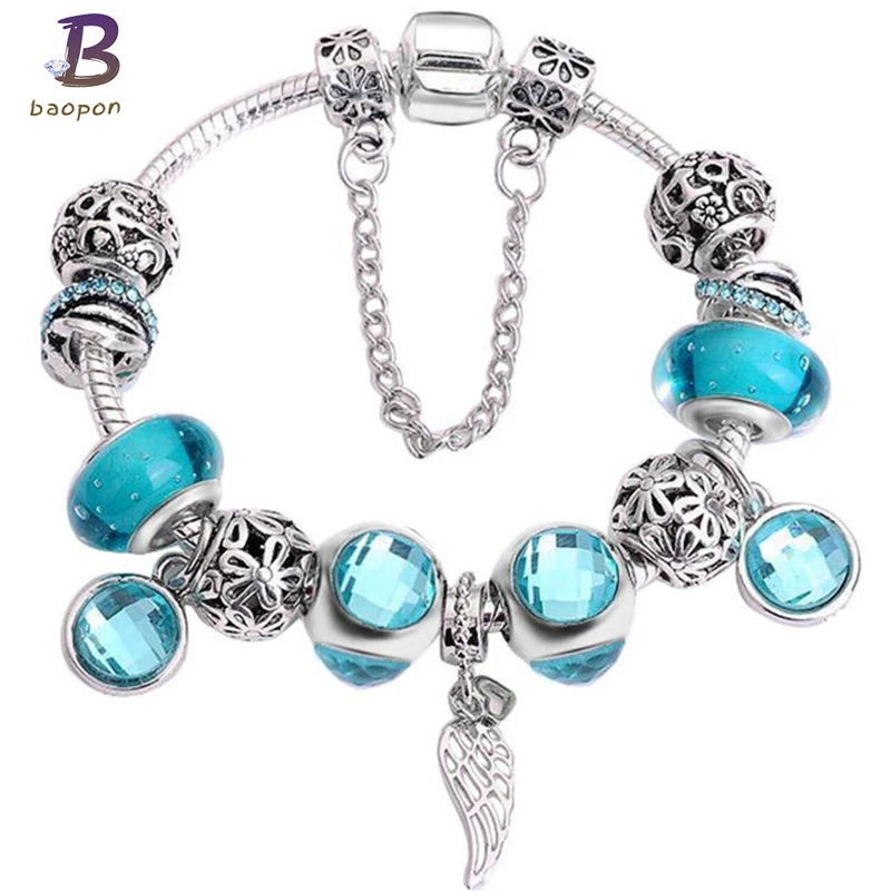 

BAOPON Silver 925 Feather&Round Pendants European Charm Bracelet Snake Chain Brand Bracelet for Women Jewelry BR168