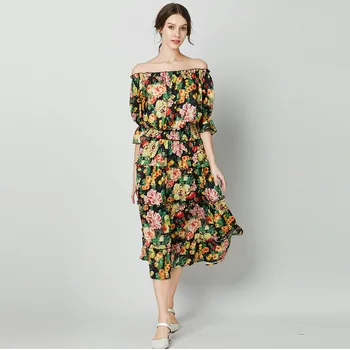 

New Summer Woman Floral Dress Sexy Slash Neck Ladies Party Dresses Slim A-line Flower Printed Dress for Woman Casual Dress