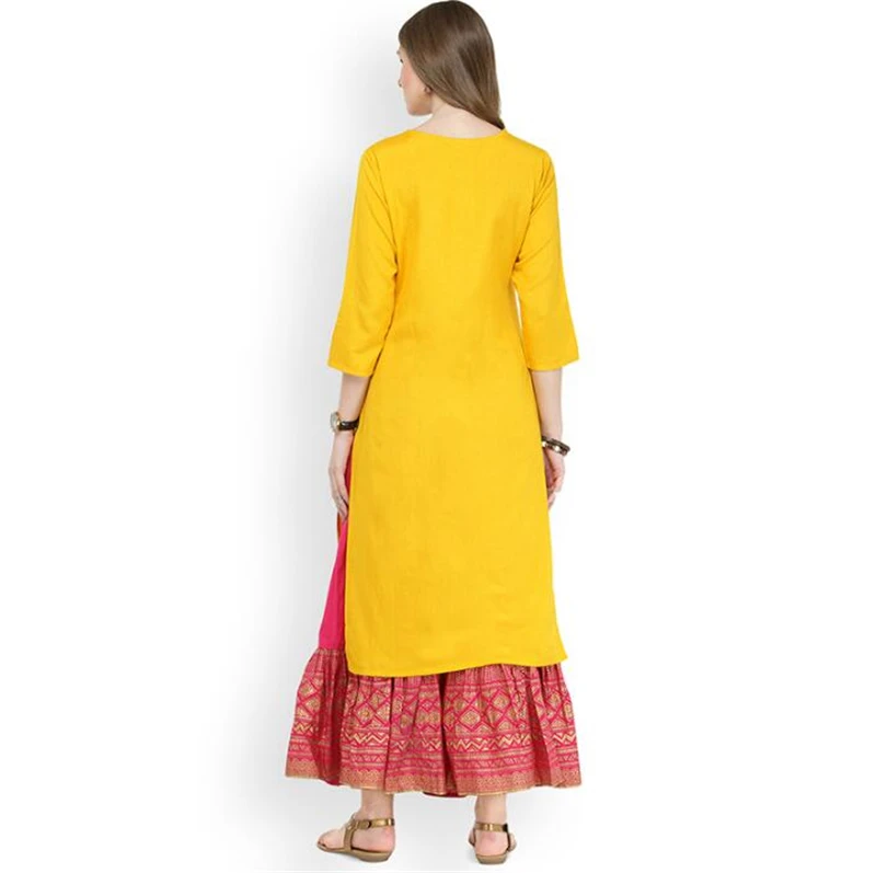 Taditional печати костюм индийская женщина комплект хлопок индийское платье три четверти рукав желтый костюм Элегантная Леди Длинный топ юбка