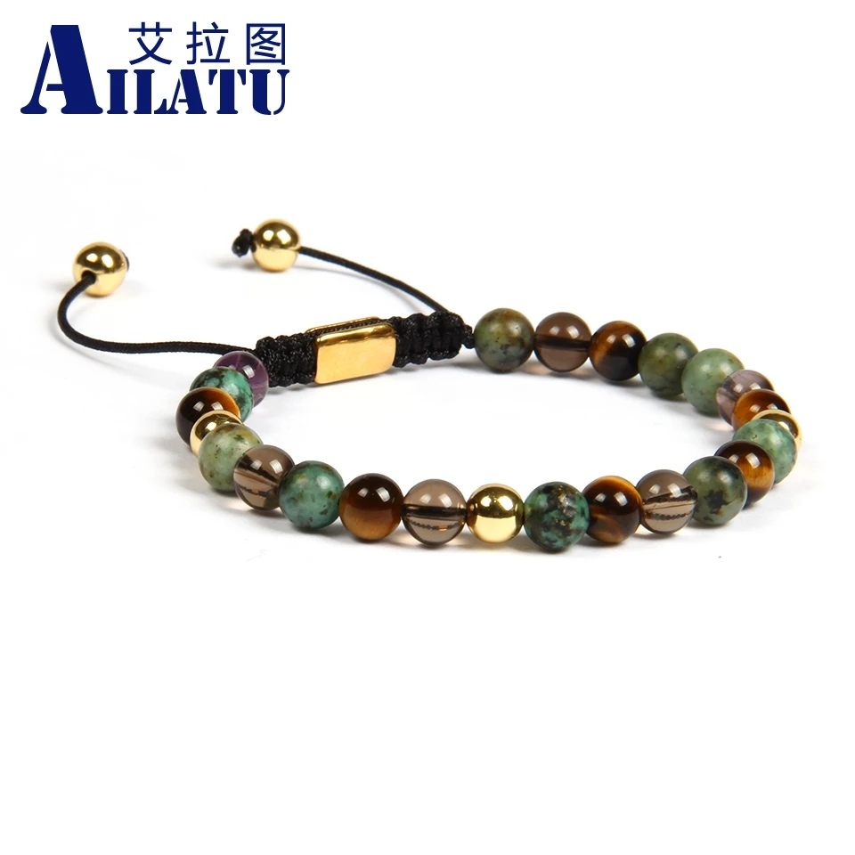 Ailatu Марка Натуральный камень Плетенный, макраме Йога браслет с 6 мм тигровый глаз, африканские каменные бусы из нержавеющей стали, не выцветает