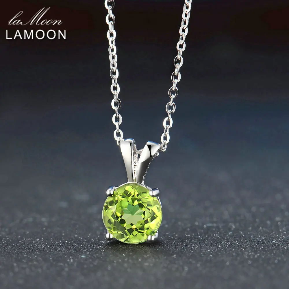 Lamoon 8mm Natural Round Cut Peridot Sterling Silver Simple Pandent Chain Necklace Women Jewelry S925 LMNI057