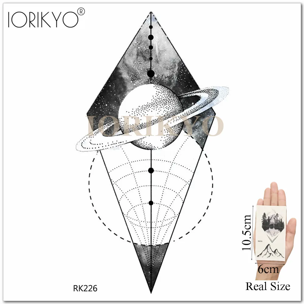 Iorikio, геометрические треугольники, планета, Временные татуировки, женская мода, черный моль, водостойкие татуировки, мужские, луна, рука, НЛО, тату, наклейка - Цвет: IRK226