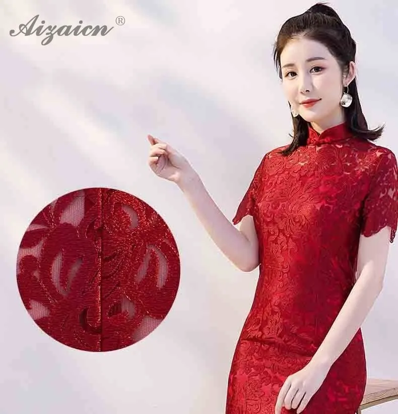 Красный кружево Длинные Cheongsam современный Chinoise Платья для вечеринок Qi Pao для женщин Китайский вечернее платье Мода Тонкий Qipao Женская Роба в