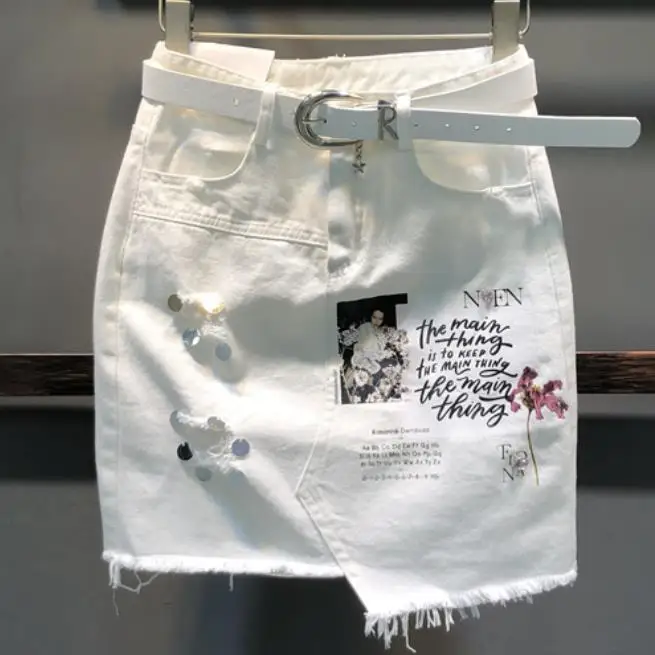 

denim skirt women 2019 summer new fashion hole sequins white high waist package hip jenas skirt