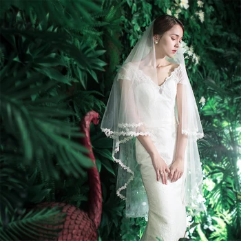 

ISHSY Long Bridal Weeding Veils with Comb Lace Appliques edge White Ivory Tulle Bride Veil Voile Mariage Velos de novia 2019