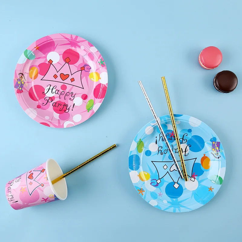 

10 Pcs Pink Blue Party Disposable Tableware Juice Cup Plate Gold Straws Birthday Party Decor Kids Baby Shower Party Supplies