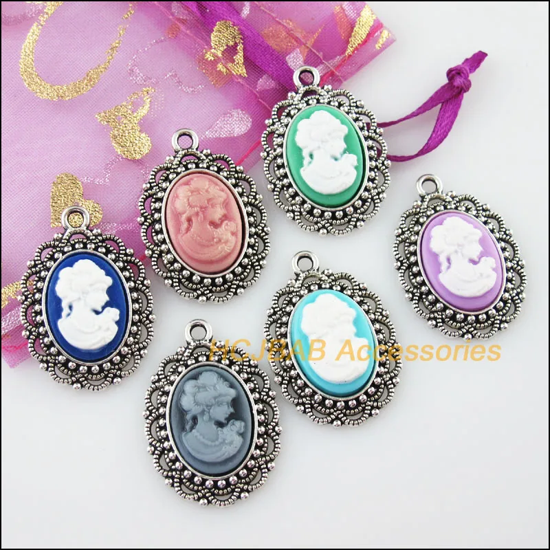 

6Pcs Tibetan Silver Color Oval Beauty Mixed Resin Charms Pendants 22x32mm