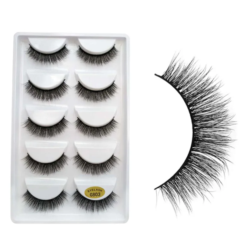 

5 Pairs Hand-made 3D Real Mink 5 Pairs/Box False Eyelashes Reusable Soft Long Natural Look Black Fake Eye Lashes Winged Messy