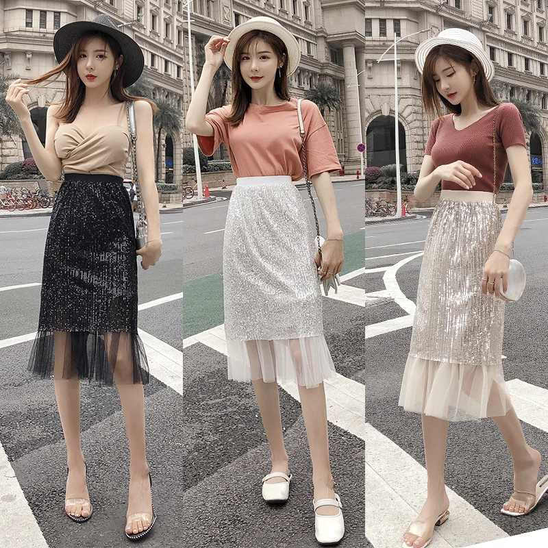 

Korean High Street High Waisted Reflective Black Sequins Skirts Elastic Waist Bag Hip Glitter Stitching Tulle Midi Skirt Women