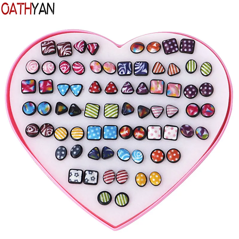 

OATHYAN 36 Pair/Set Women Ethnic Stud Earrings Set Box Jewelry Ladies Color Pattern Square Round Triangle Earrings Set Brincos