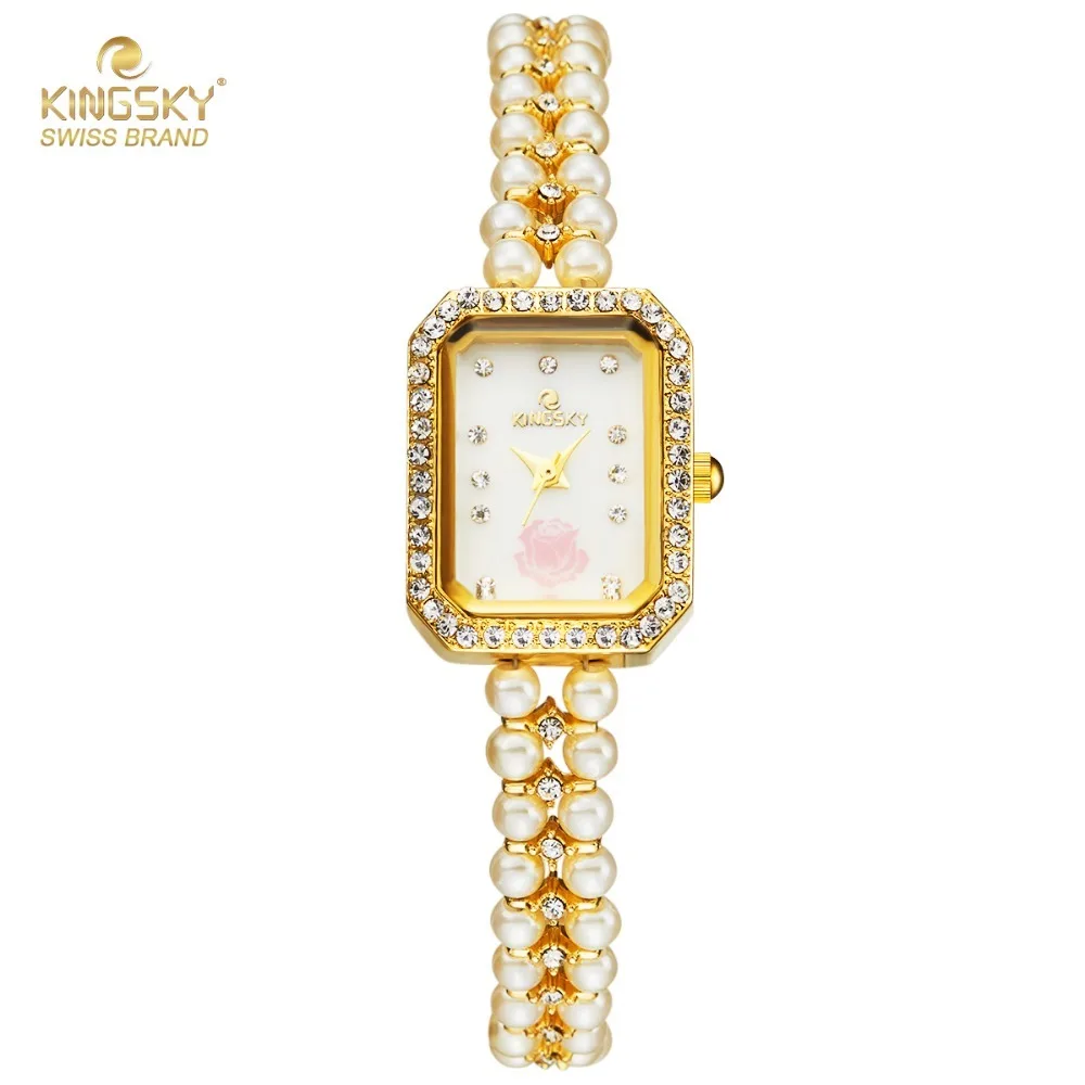 

Women Bracelet Watches KINGSKY Dress Watch Pearl Strap Rhinestone Rectangle Case Analog Quartz Wristwatch 2017 New