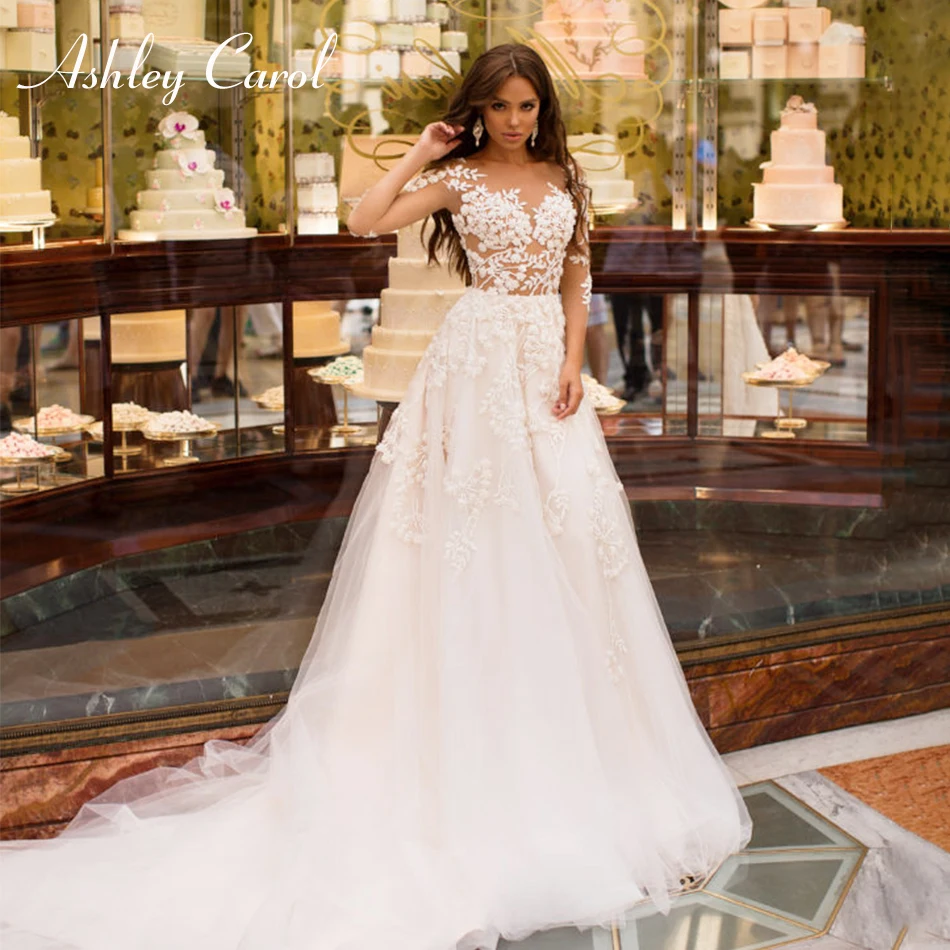 

Ashley Carol Sexy V-neckline Illusion Beaded Appliques Satin Vintage Wedding Dress 2019 Half Sleeve Court Train Wedding Gowns