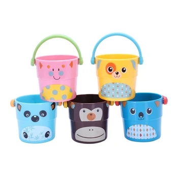 

Toddler Bathtime Set Of 5 Zoo Stack And Pour Buckets For Children bath beach sand toys Play sand summer Fun Play sand Set